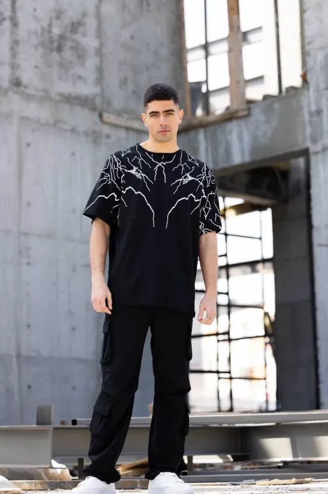 Unisex Bisiklet Yaka Baskılı Oversize T-Shirt - Siyah görsel 3