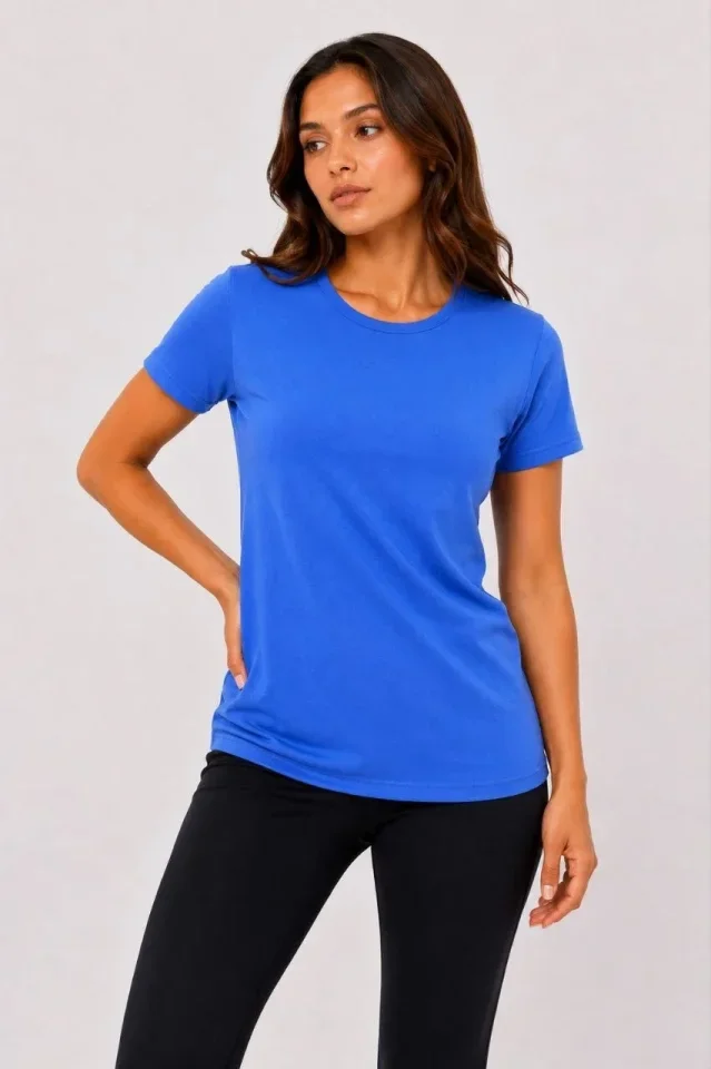 Basic Tişört Bisiklet Yaka Kısa Kol Günlük Yazlık Slim Fit T-Shirt - Mavi görsel 2
