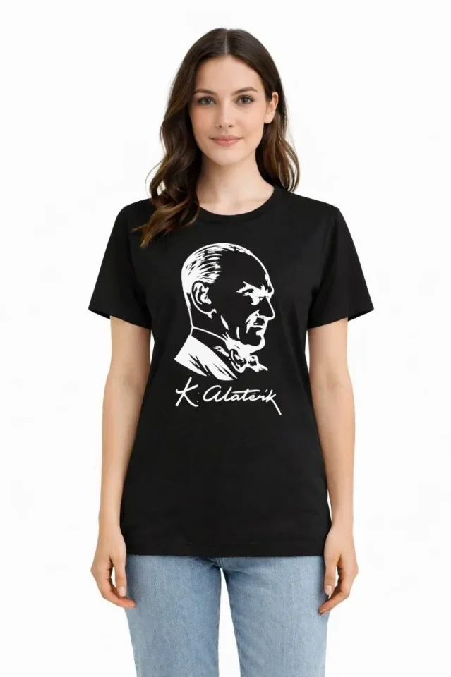 Atatürk Baskılı Tişört Kısa Kollu Bisiklet Yaka T-Shirt - Siyah görsel 3