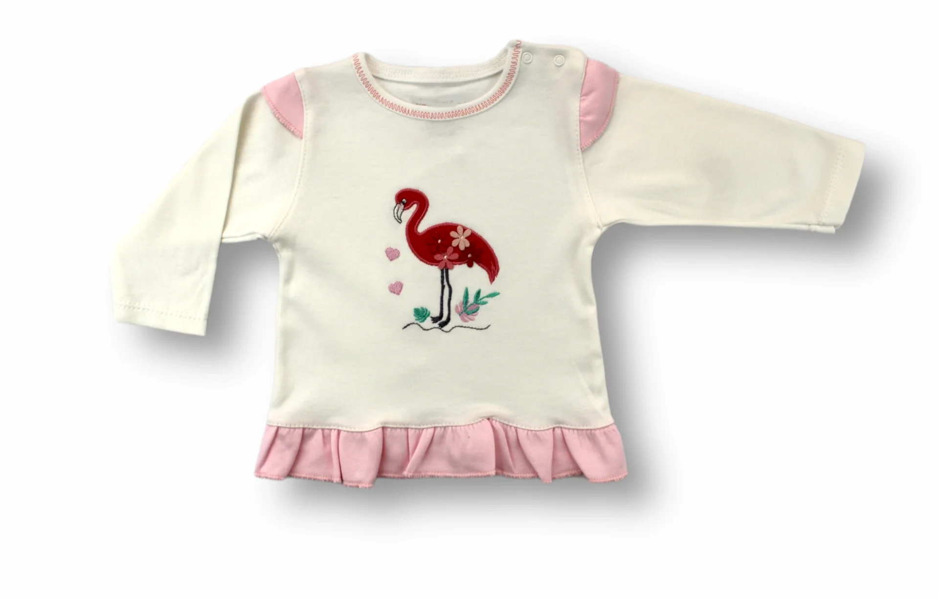3-6 6-9 9-12 Ay Flamingo Nakışlı Uzun Kollu Sweatli 2li Kız Bebek Takımı Ekru görsel 2