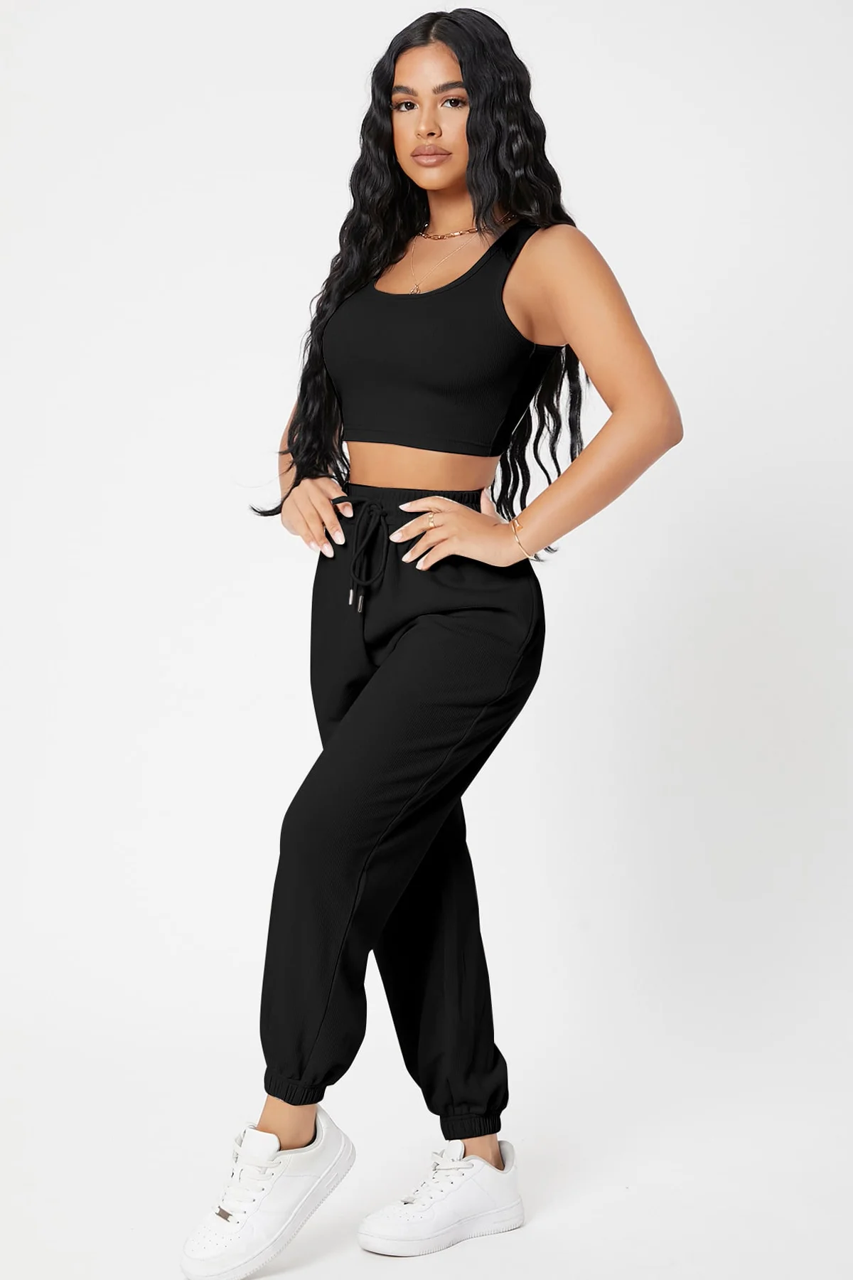 Kadın Siyah Kaşkorse Cepli Jogger Eşofman Altı ve Crop Top Bluz görsel 5