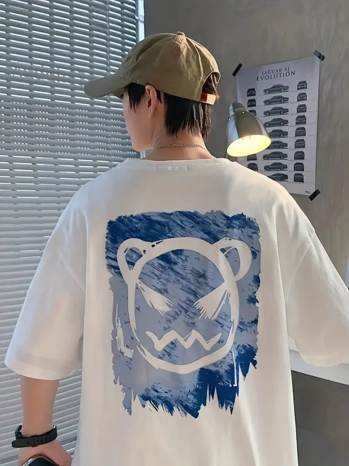 Baskılı Oversize Bisiklet Yaka T-shirt - Beyaz