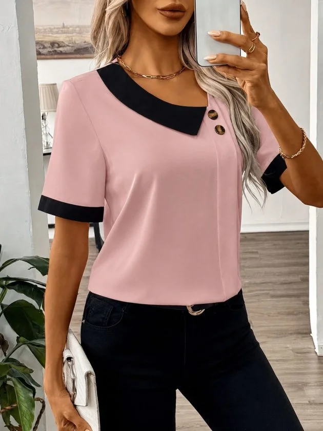 Kadın Kısa Kollu Asımetrik Yaka Detaylı Düğmeli Dubai Bluz görsel 2