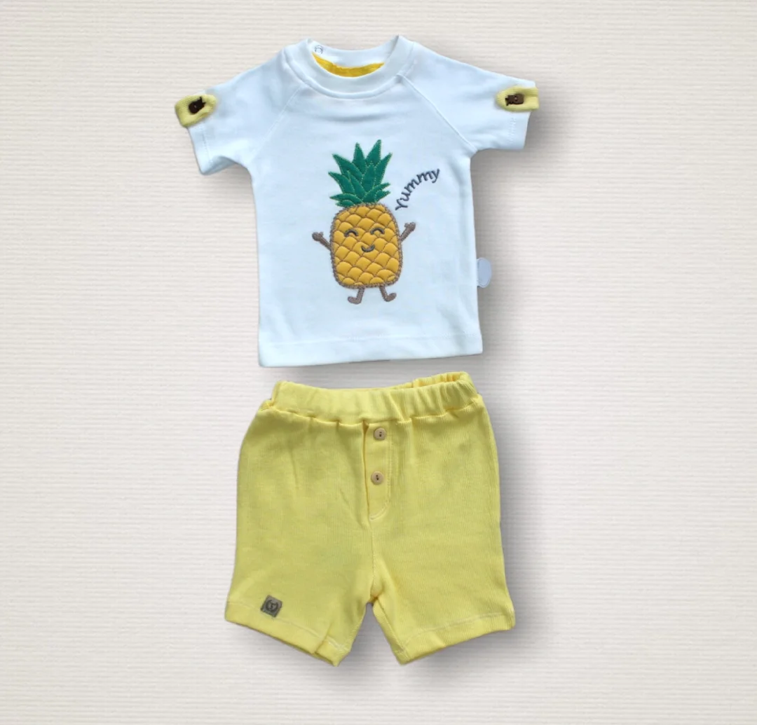 6-9 9-12 12-18 Ay Ananas Nakışlı Kısa Kollu Sweatli Şortlu 2li Kız-erkek Bebek Takımı Sarı
