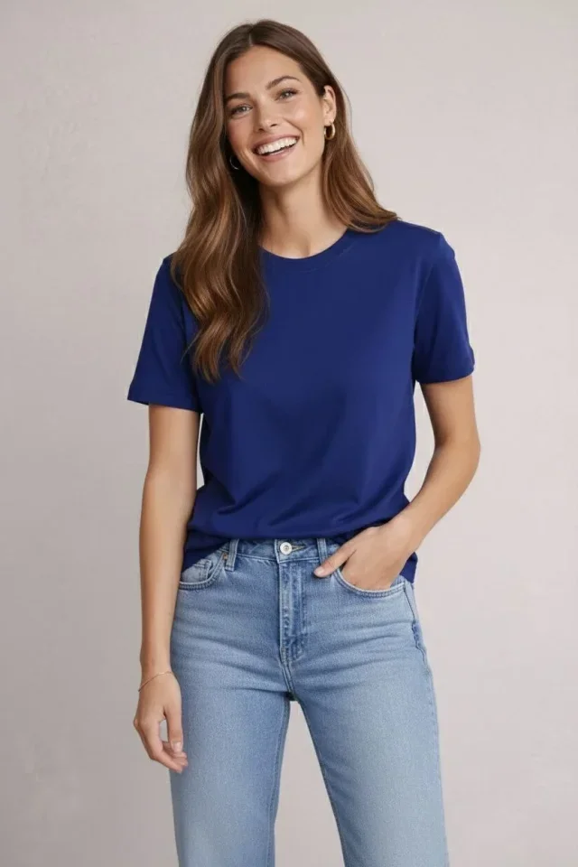 Osy Modal Yumuşak Dokulu Kumaş Bisiklet Yaka T-shirt - Lacivert görsel 3