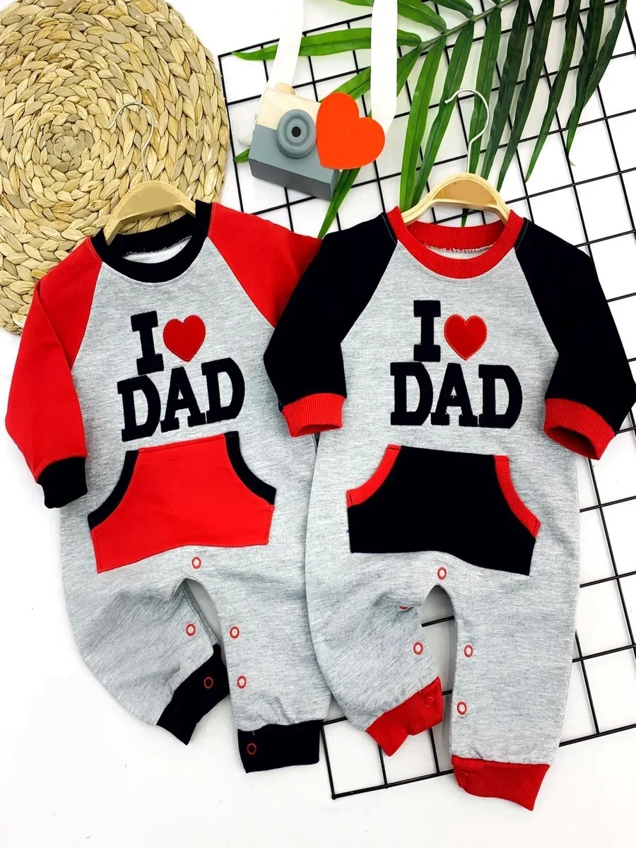 3-6-9-12 Ay I Love Dad Baskılı Cepli Kız Erkek Bebek Tulum