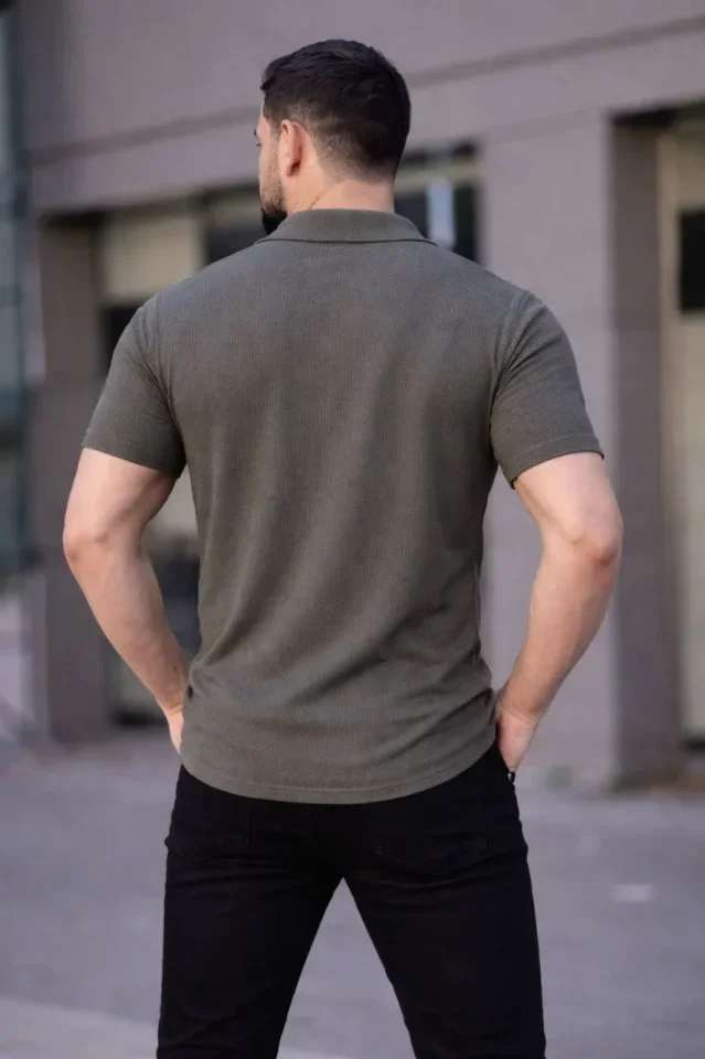 Erkek Waffle Kumaş Kısa Kollu Düğmeli Açık Yaka Regular Fit Gömlek - Haki görsel 3