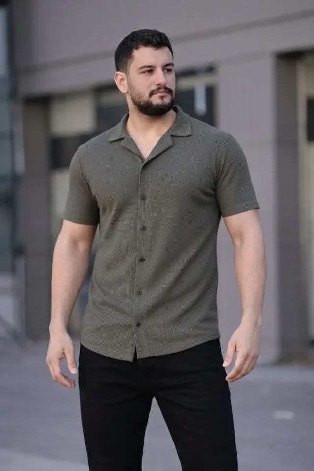 Erkek Waffle Kumaş Kısa Kollu Düğmeli Açık Yaka Regular Fit Gömlek - Haki görsel 2