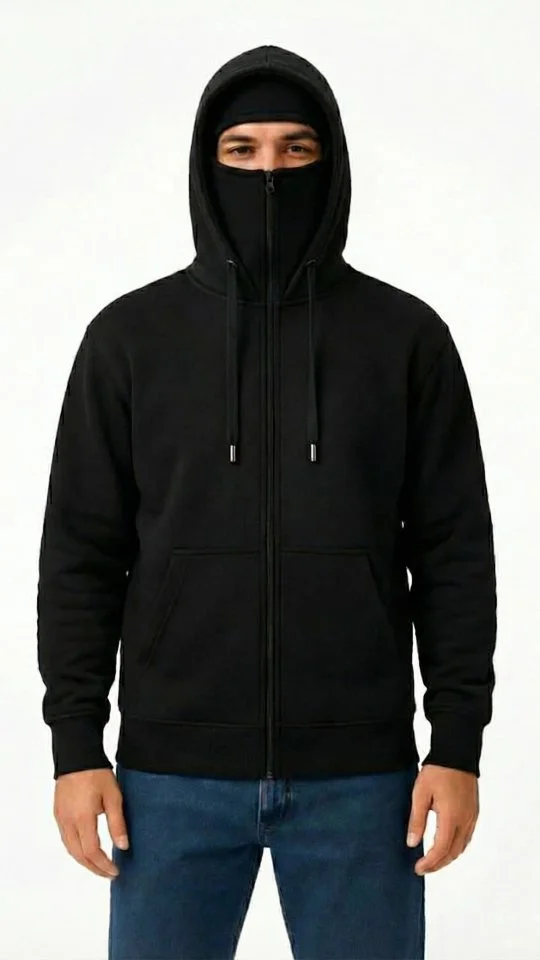 Samuray Ninja Çift Kapüşonlu ZIP Fermuarlı Kanguru Cepli Tam Fermuarlı Hoodie Sweatshirt - Siyah görsel 3