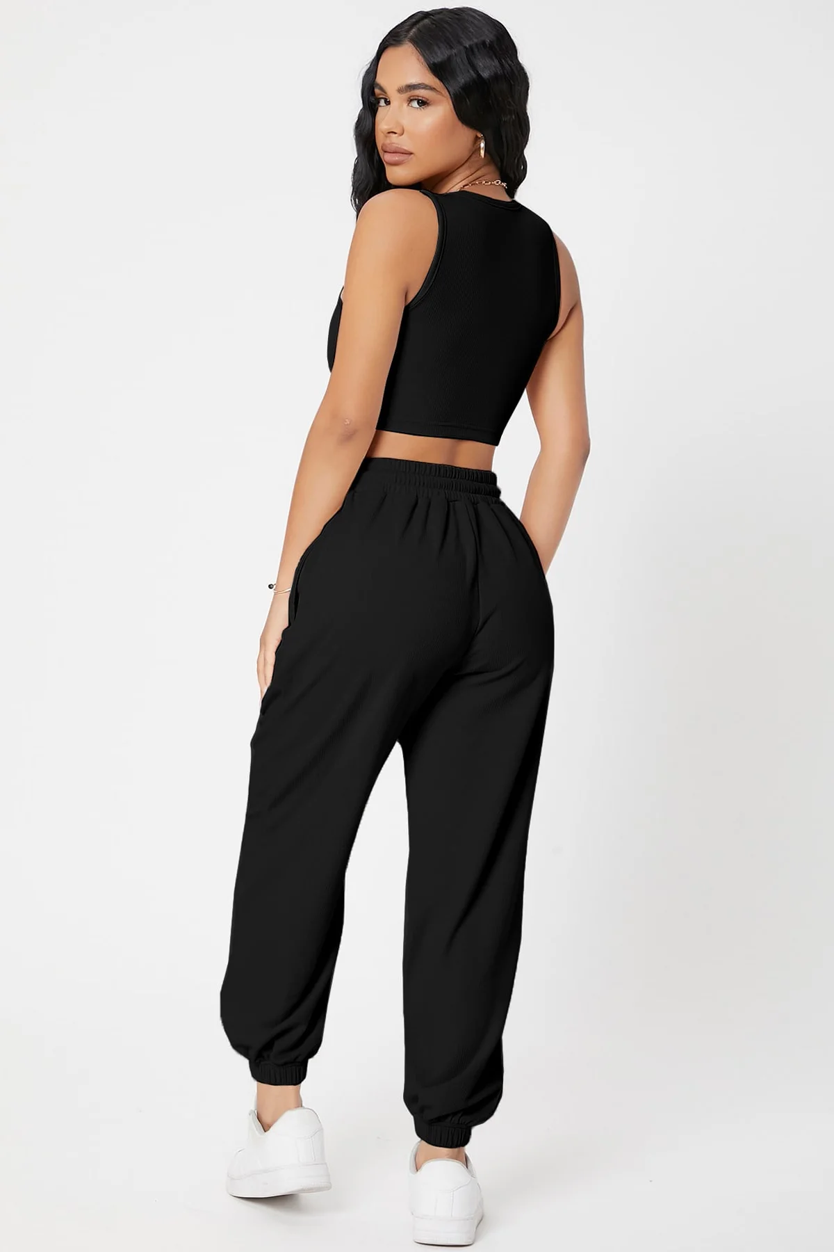 Kadın Siyah Kaşkorse Cepli Jogger Eşofman Altı ve Crop Top Bluz görsel 2