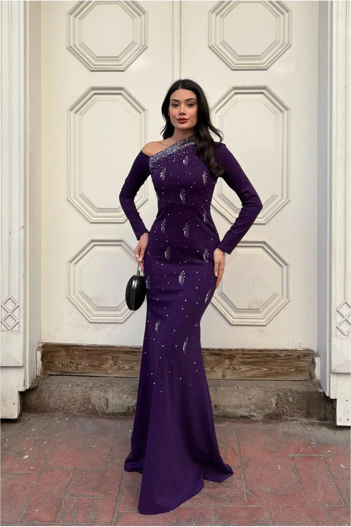 Kadın Vintage Krep Kumaş Tek Omuz Abiye Elbise