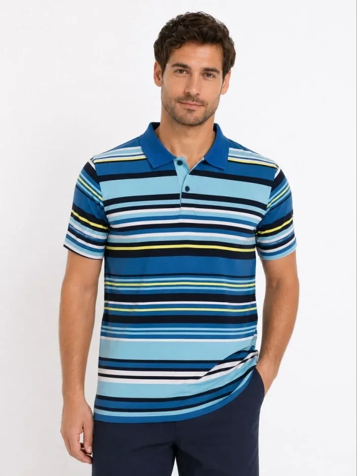Erkek Çizgili Polo Yaka Tişört Kısa Kol Yazlık T-Shirt Regular Fit - Mavi görsel 3