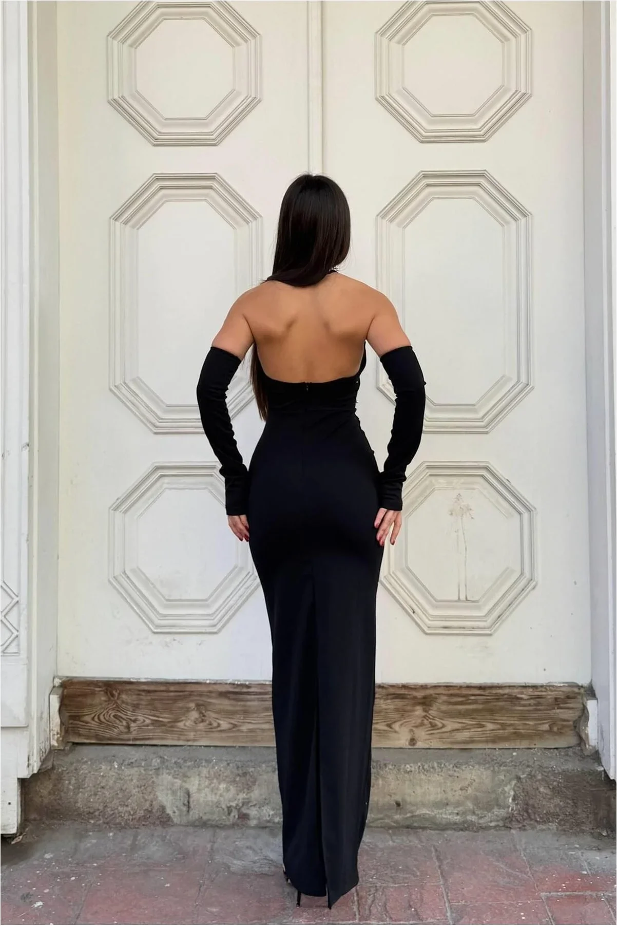 Kadın Gösterişli Balıkçı Yaka Balık Kesim Uzun Kollu Abiye Elbise görsel 4