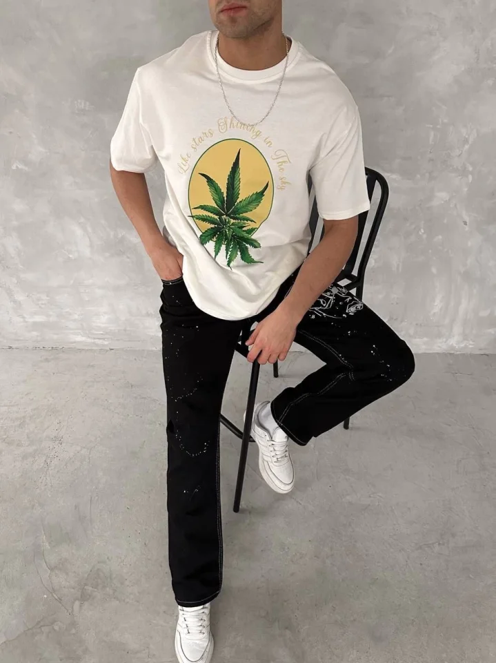 Ön Ve Arka Baskılı Oversize Bisiklet Yaka T-shirt- Beyaz görsel 3
