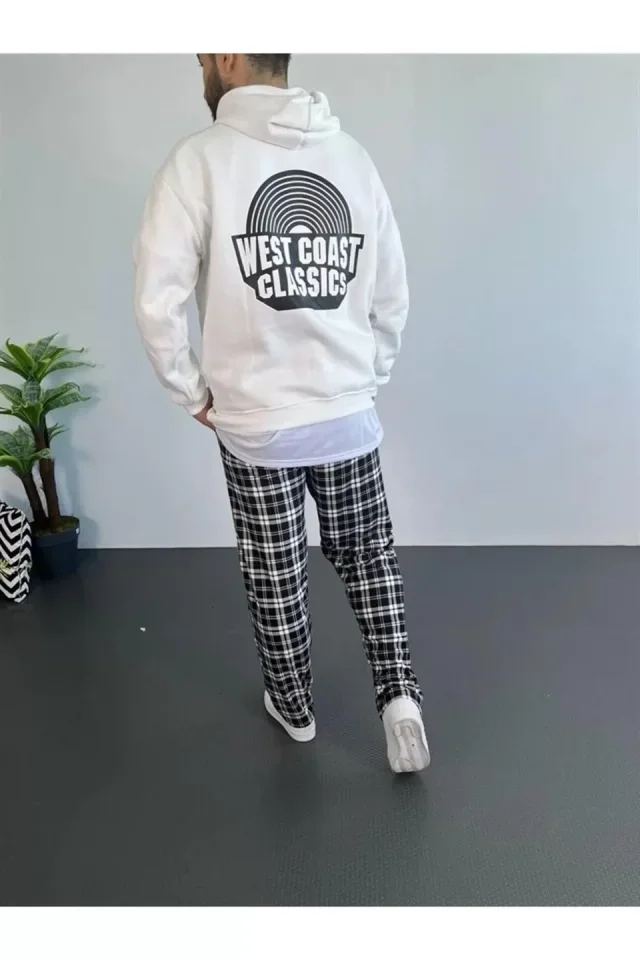 Erkek Baskılı Üç İplik Kapüşonlu Oversize Sweatshirt - Beyaz görsel 2