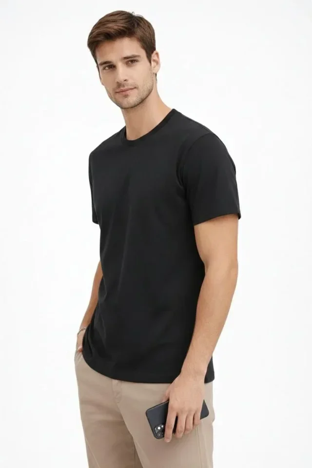 Erkek Bisiklet Yaka Tişört Regular Kalıp Basic Pamuklu Günlük Kullanım T-shirt - Siyah görsel 3