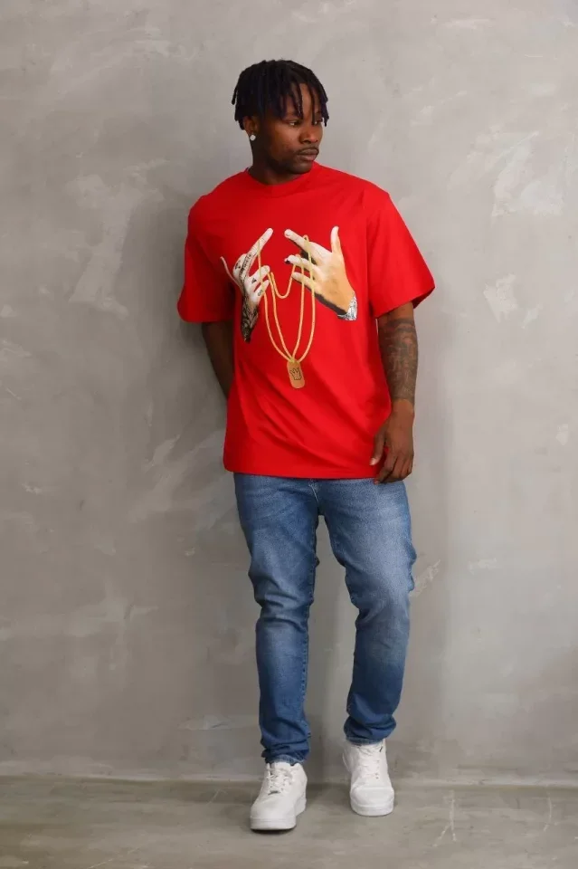 Unisex Baskılı Oversize T-Shirt - Kırmızı görsel 4