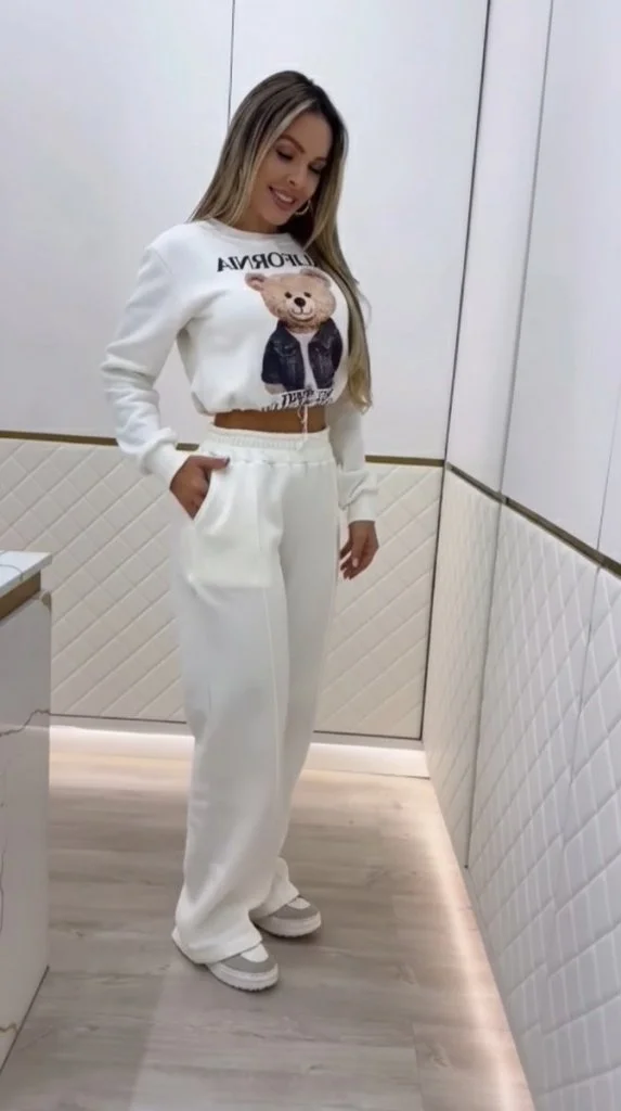 Kadın Uzun Kollu Bisiklet Yaka Desenli Iki Iplik şardonlu Bluz Ve Pantolon Ikili Takım görsel 3