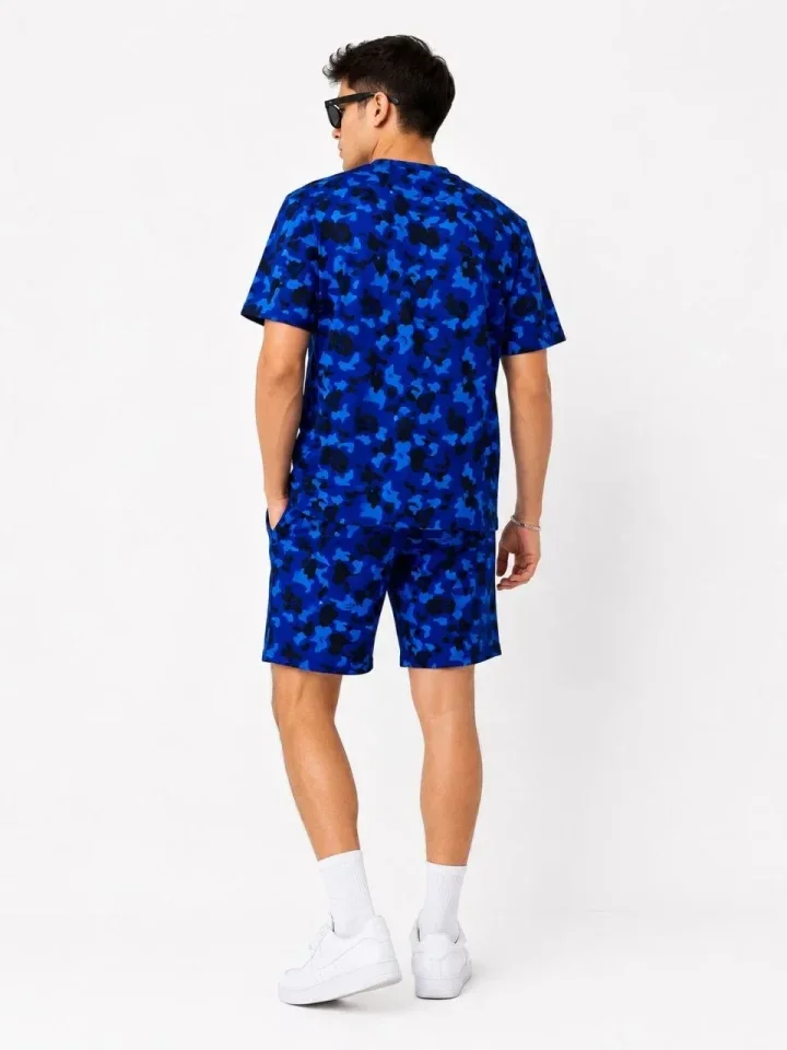 Erkek Oversize Kalıp Pubg Bape X Shark Nakışlı Cepli Şort Takım - Mavi görsel 2