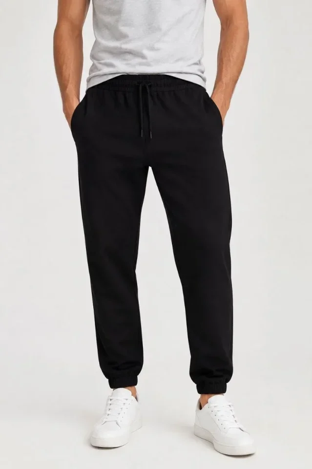 Erkek İki İplik Beli Lastikli Bağcıklı Regular Fit Jogger Eşofman Altı - Siyah görsel 2
