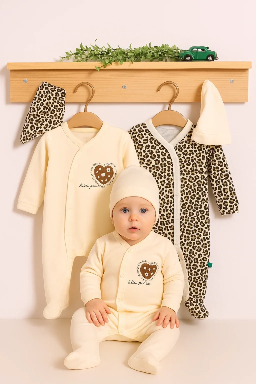 Açık Kahve Leopar Desenli Kız Bebek 4'lü Tulum Seti