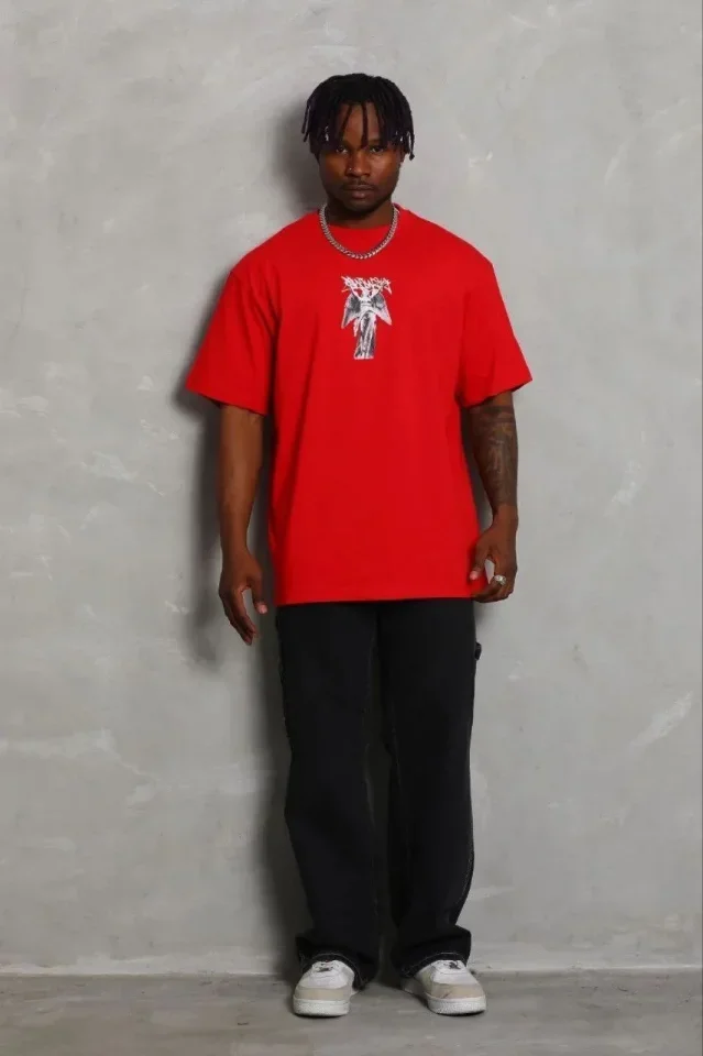 Erkek Baskılı T-Shirt Kısa Kol Bisiklet Yaka Regular Fit Rahat Kalıp Günlük Tişört - Kırmızı görsel 2