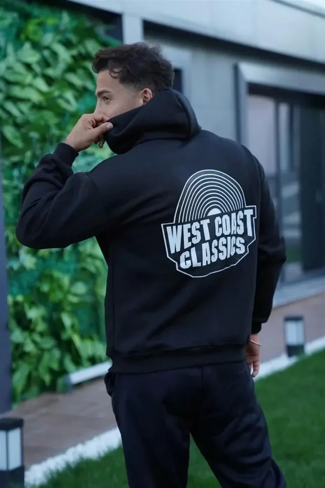 Erkek Sırt Baskılı Kapüşonlu Üç İplik Oversize Sweatshirt - Siyah görsel 3