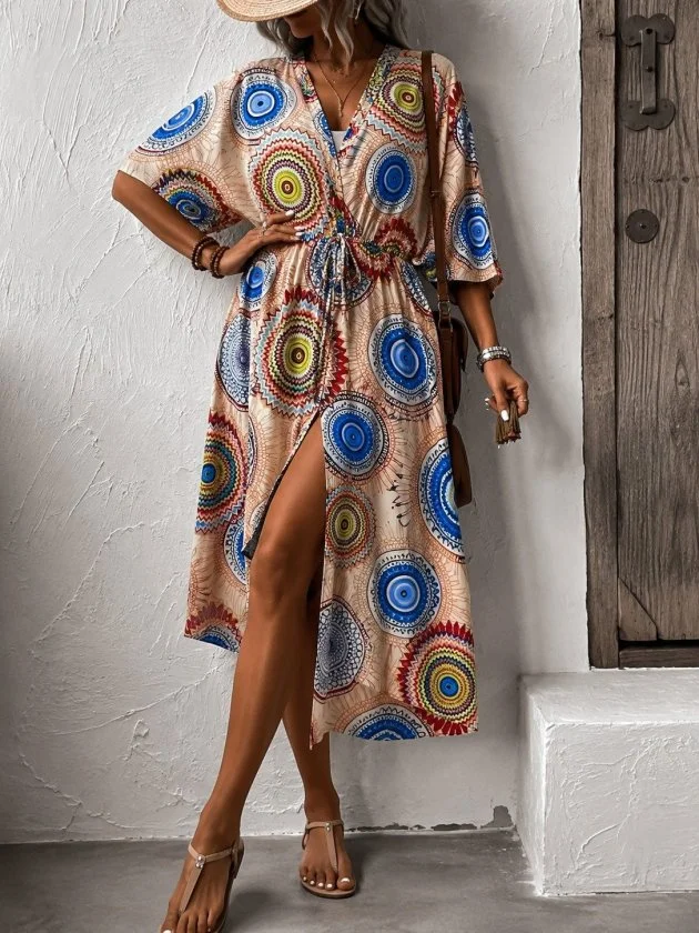 Kadın Kısa Kollu önü Açık Belden Kuşaklı Uzun Kimono görsel 5