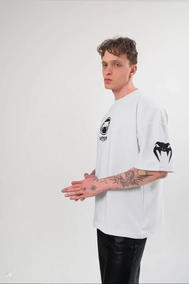 Unisex Bisiklet Yaka Baskılı Oversize T-Shirt - Beyaz görsel 4