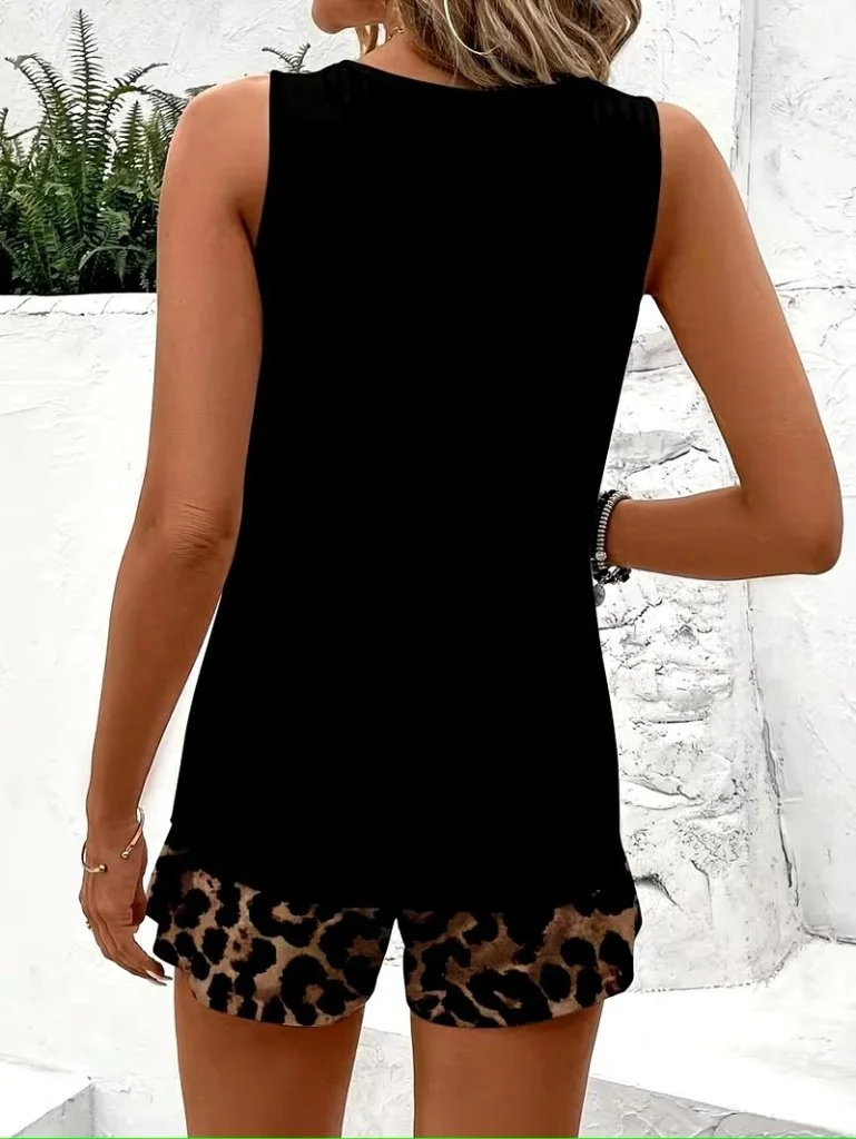 Kadın Askılı Bisiklet Yaka Viskon Atlet Ve Leopar Desenli Iki Iplik şort Ikili Takım görsel 4