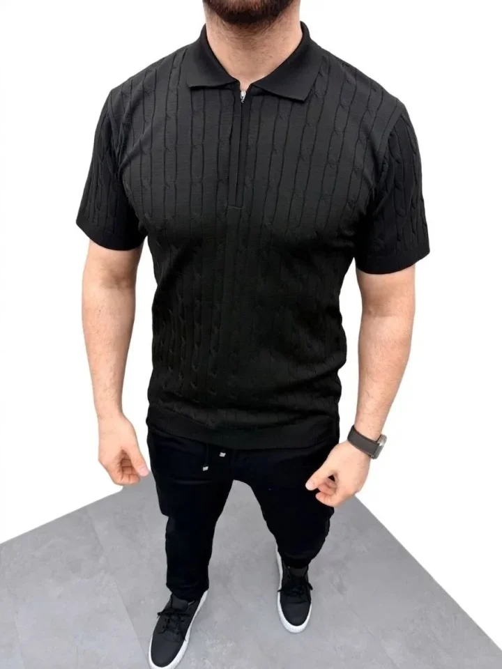 Erkek Yazlık Triko Saç Örgü Tişört Kısa Kol Polo Yaka Fermuarlı T-Shirt - Siyah görsel 2