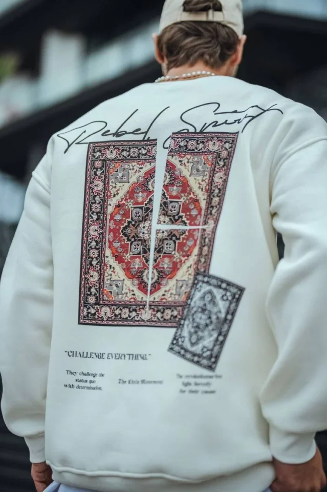 Uzun Kol Bisiklet Yaka Baskılı SweatShirt - Beyaz görsel 3