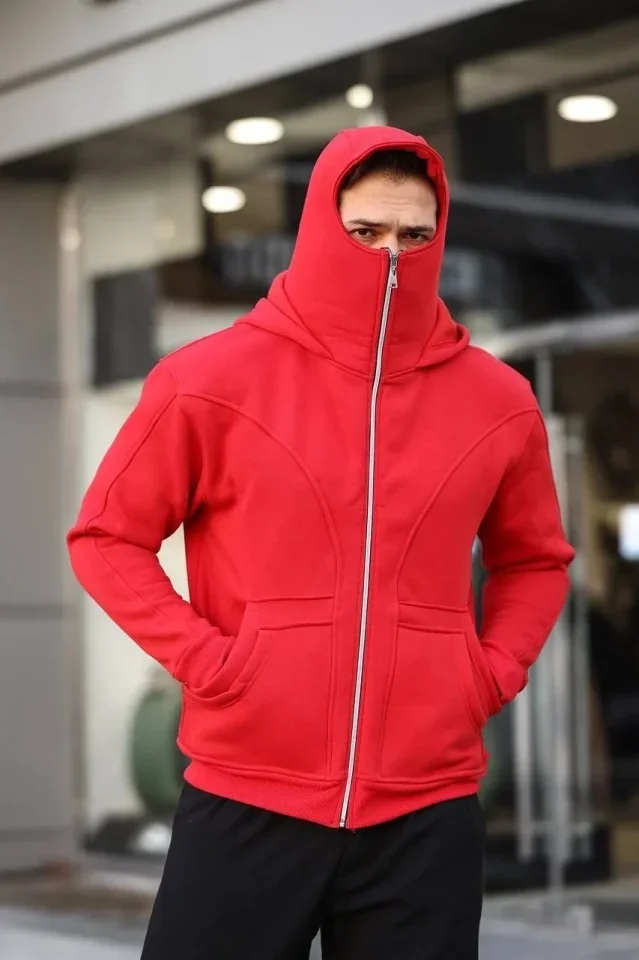 Erkek Maskeli Ninja Model Çift Kapüşonlu 3 İplik Şardonlu Fermuarlı Sweatshirt - Kırmızı görsel 3