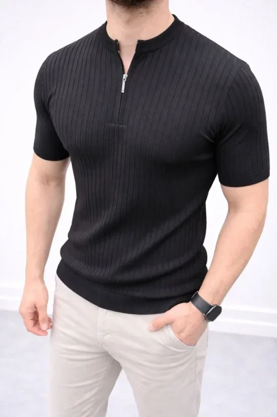 Erkek Kısa Kol Fitilli Triko T-Shirt Yazlık Hakim Yaka Tişört - Siyah