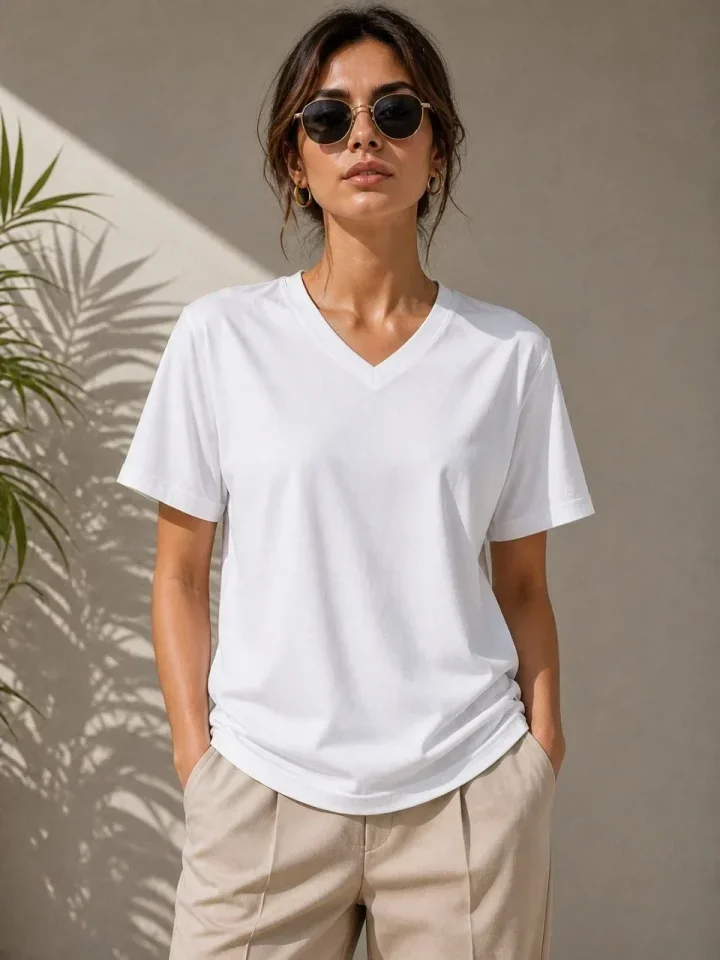 V Yaka Basic Tişört Kısa Kol Yazlık Regular Fit T-Shirt - Beyaz görsel 2