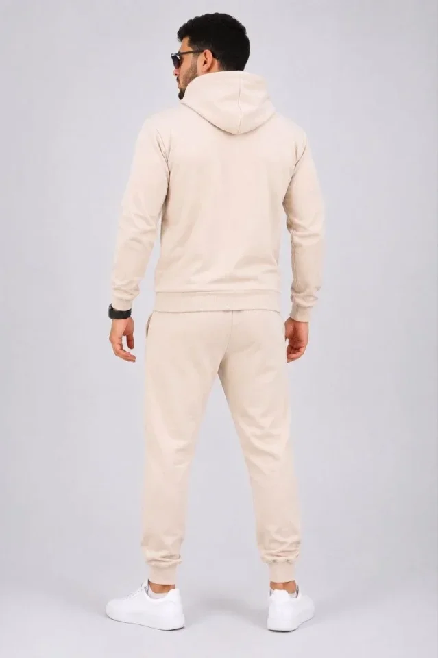 Erkek İki İplik Kapüşonlu Kanguru Cepli Sweatshirt Jogger Pantolon Alt Üst Eşofman Takımı -Bej görsel 2