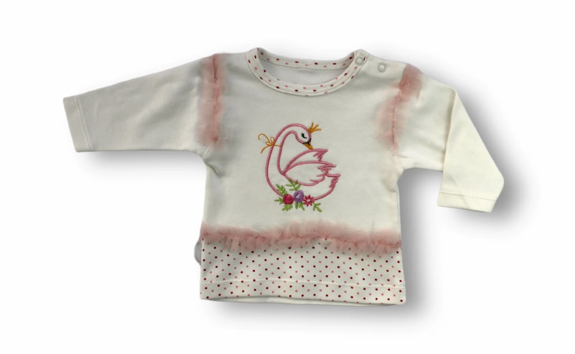 3-6 6-9 9-12 Ay Kraliçe Kuğu Nakışlı Bandajlı Uzun Kollu Sweatli 3lü Kız Bebek Takımı Ekru görsel 2