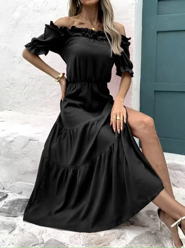 Kadın Madonna Yakalı Fırfırlı Yırtmaç Detaylı Uzun Aerobin Elbise görsel 2