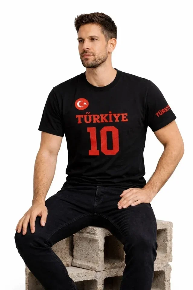 Erkek TÜRKİYE Ay Yıldız Baskılı 10 Numara Forma Tişört Taraftar T-Shirt - Siyah görsel 3