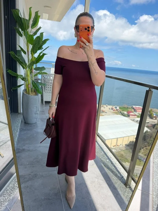 Kadın Madonna Yaka Midi Boy Modal Elbise görsel 4