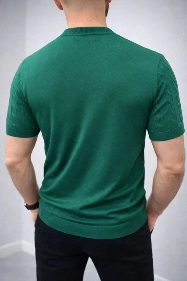 Erkek Yazlık Triko Dokuma Tişört Kısa Kol Bisiklet Yaka Örgü Desenli T-Shirt - Haki görsel 3