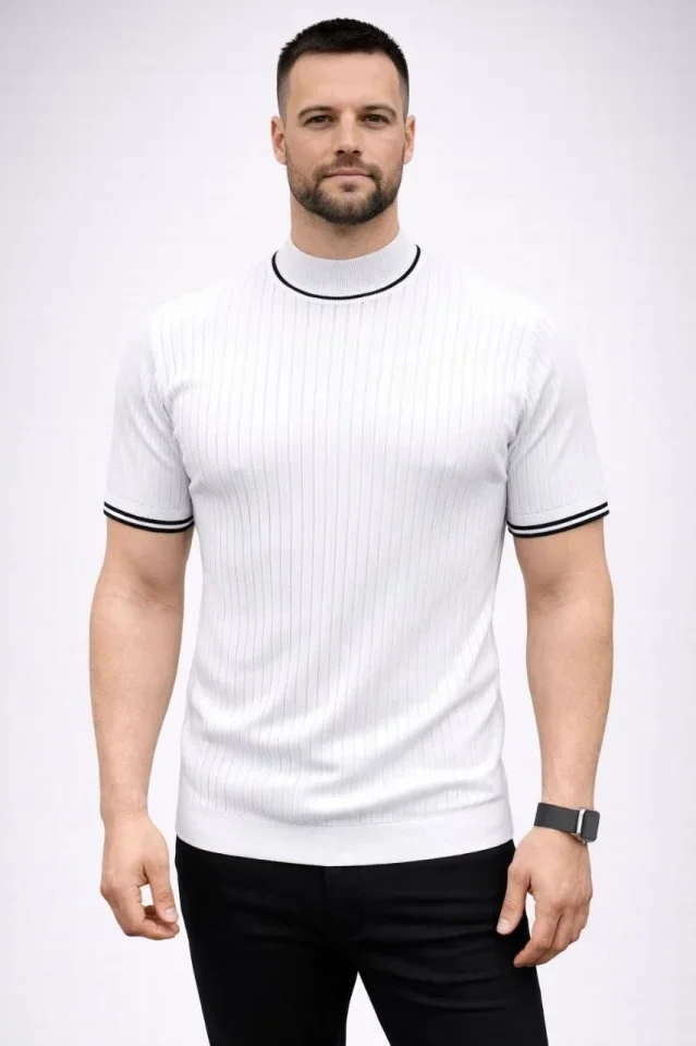 Erkek Fitilli Triko Dokuma Kısa Kol Tişört Yarım Boğaz Modern Yazlık T-Shirt - Beyaz görsel 4