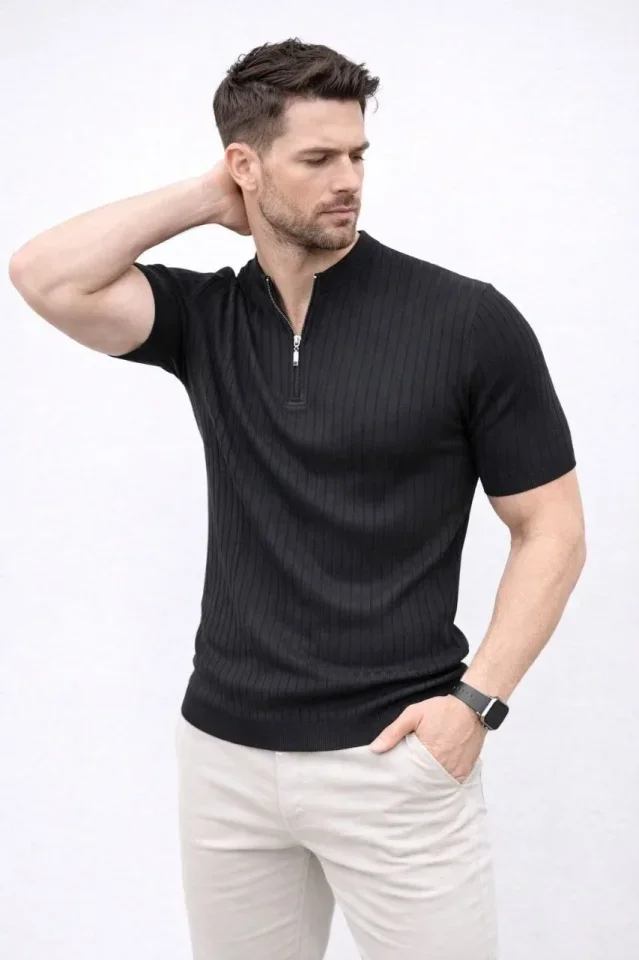 Erkek Kısa Kol Fitilli Triko T-Shirt Yazlık Hakim Yaka Tişört - Siyah görsel 3