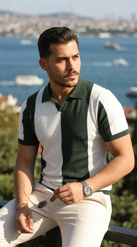 Erkek Kısa Kollu Polo Yakalı Blok Desenli Triko Bluz görsel 2