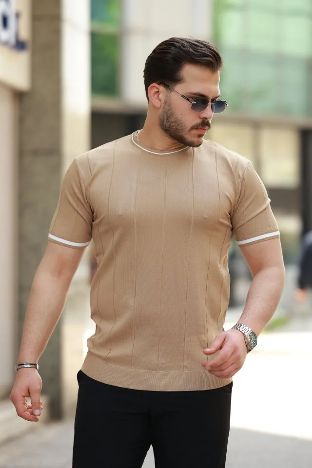 Erkek Bisiklet Yaka çizgi Desenli Ribanalı Kısa Kollu Tshirt