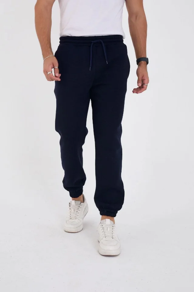 Unisex Kışlık Üç İplik Lastikli Eşofman Pantolon - Lacivert görsel 2