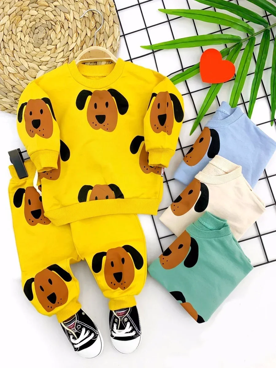 9-12-18-24 Ay Köpekcik Baskılı 2li Kız Erkek Bebek Takımı
