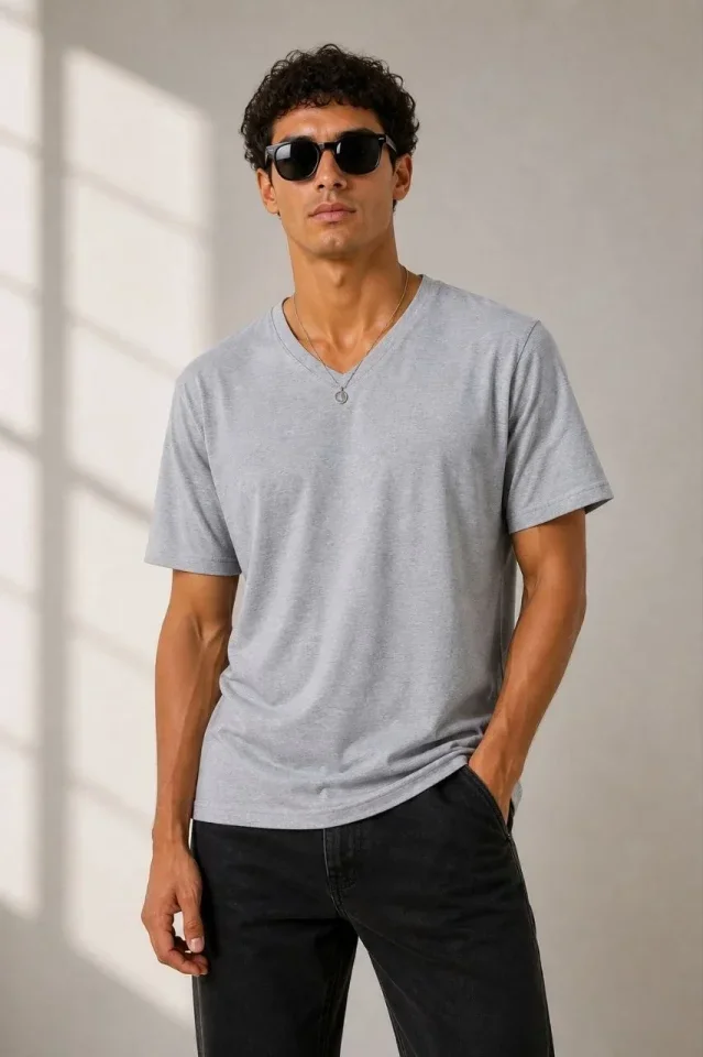 Erkek V Yaka Basic Tişört Kısa Kol Yazlık Regular Fit T-Shirt - Gri görsel 2