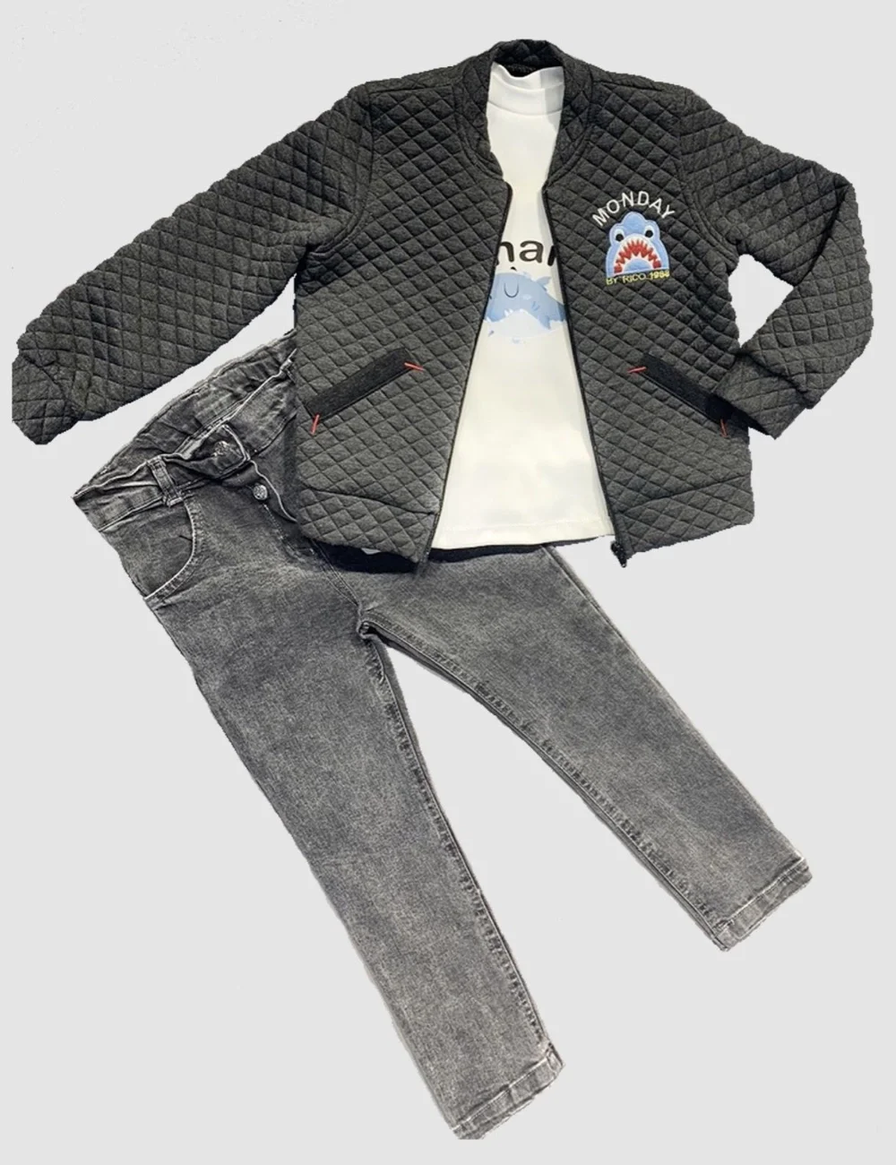 4-5-6 Yaş Kot Pantolonlu Pilot Mont Uzun Kollu Penye Sweat 3lü Erkek Çocuk Takımı Füme görsel 2