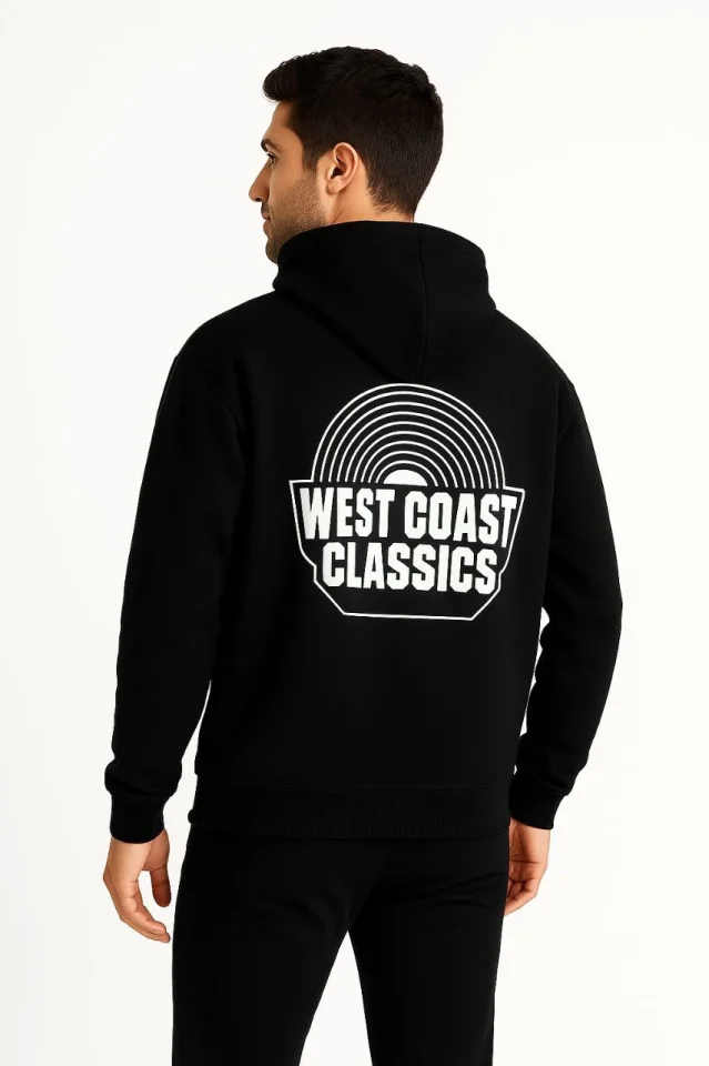 Erkek Üç İplik Kapüşonlu Ön Ve Arka Baskılı SweatShirt Hoodie - Siyah görsel 4